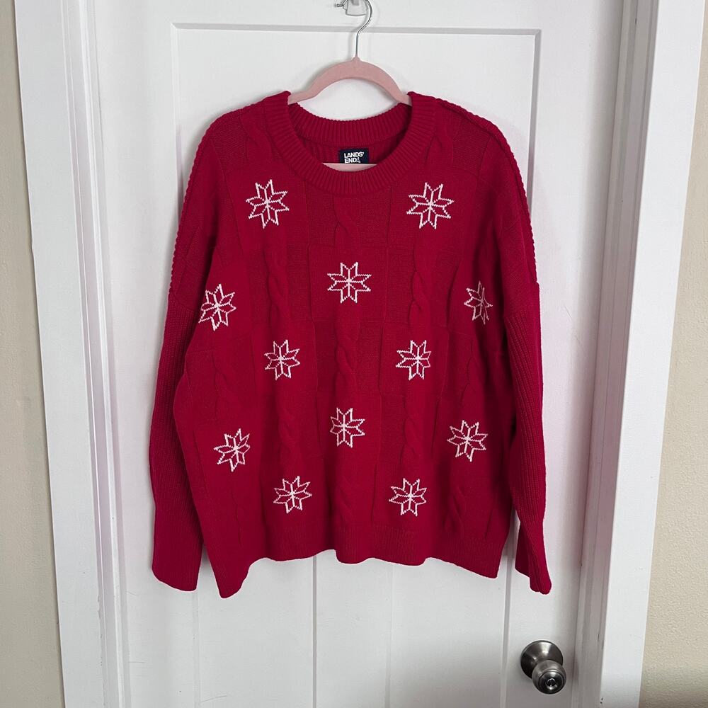 Lands' End Quilted Snowflake Winter Sweater Women's L Red White